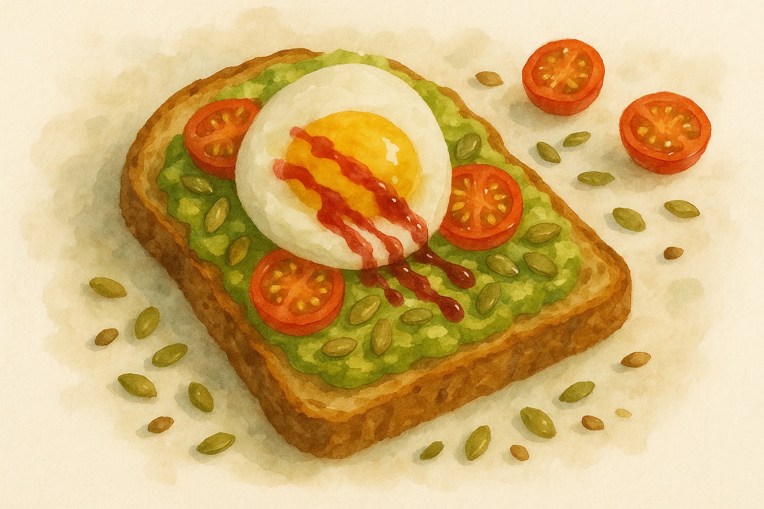 Avocado Toast Topped with Egg, Cherry Tomatoes, Pumpkin Seeds & Cranberry Pear Drizzle
