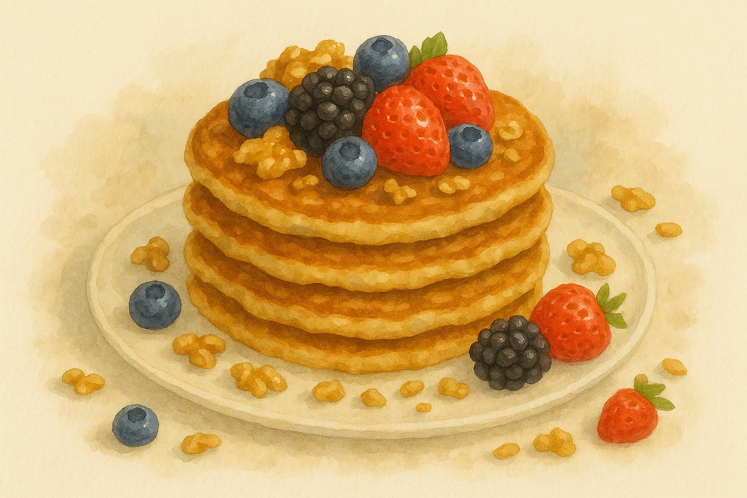 Banana Oat Pancakes with Walnuts & Berries