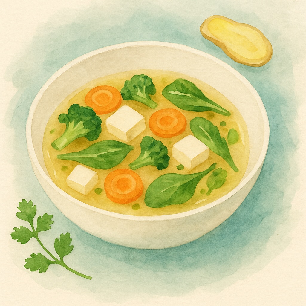Clear Vegetable & Tofu Soup with Ginger and Spinach